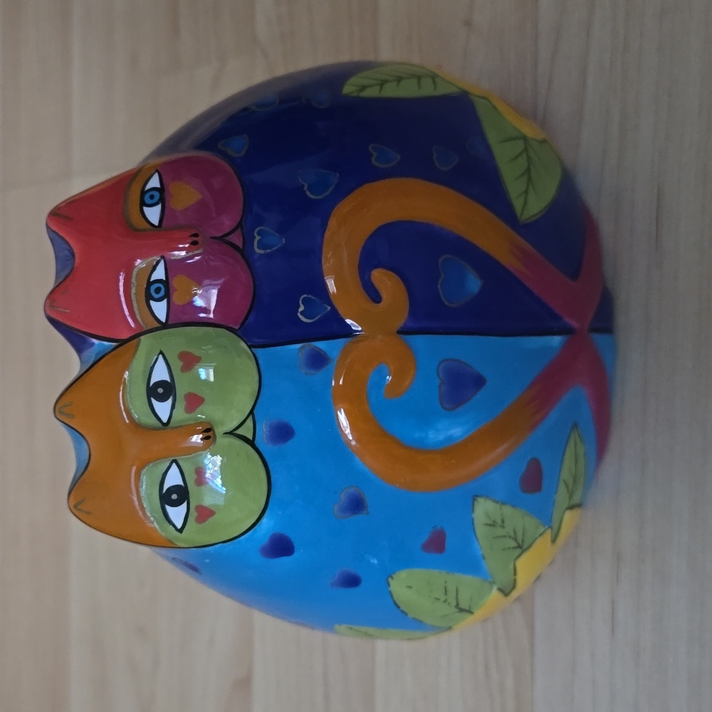 Laurel Burch 6.5” Cats Coin Bank Tails Hearts Purple Aqua Ganz Ceramic
